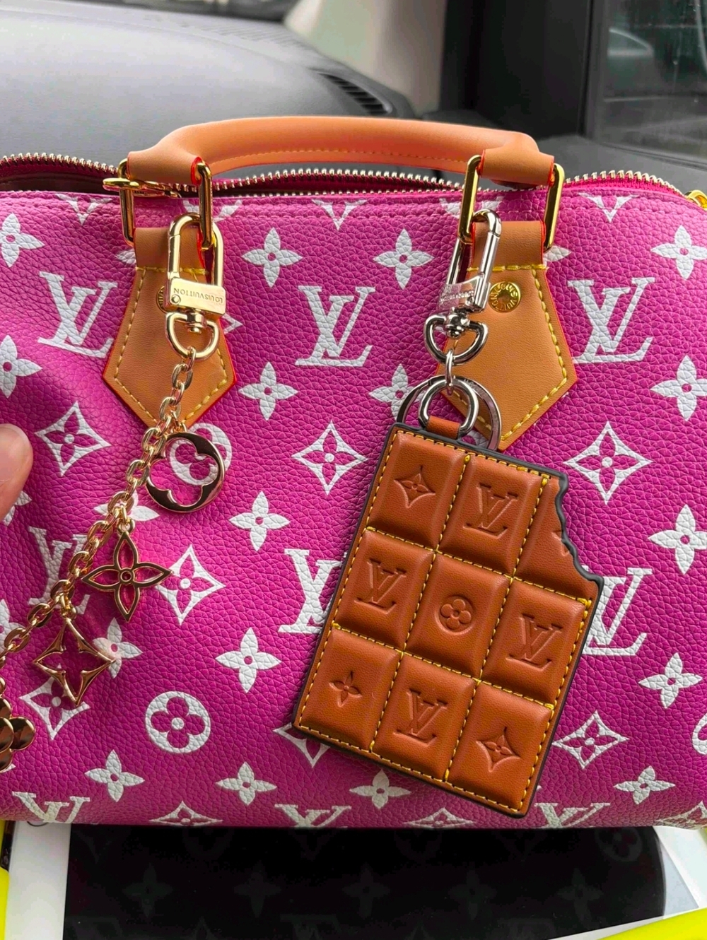 ONE LEFT! Monogram Leather Chocolate Tag Keychain w/Box - Brown